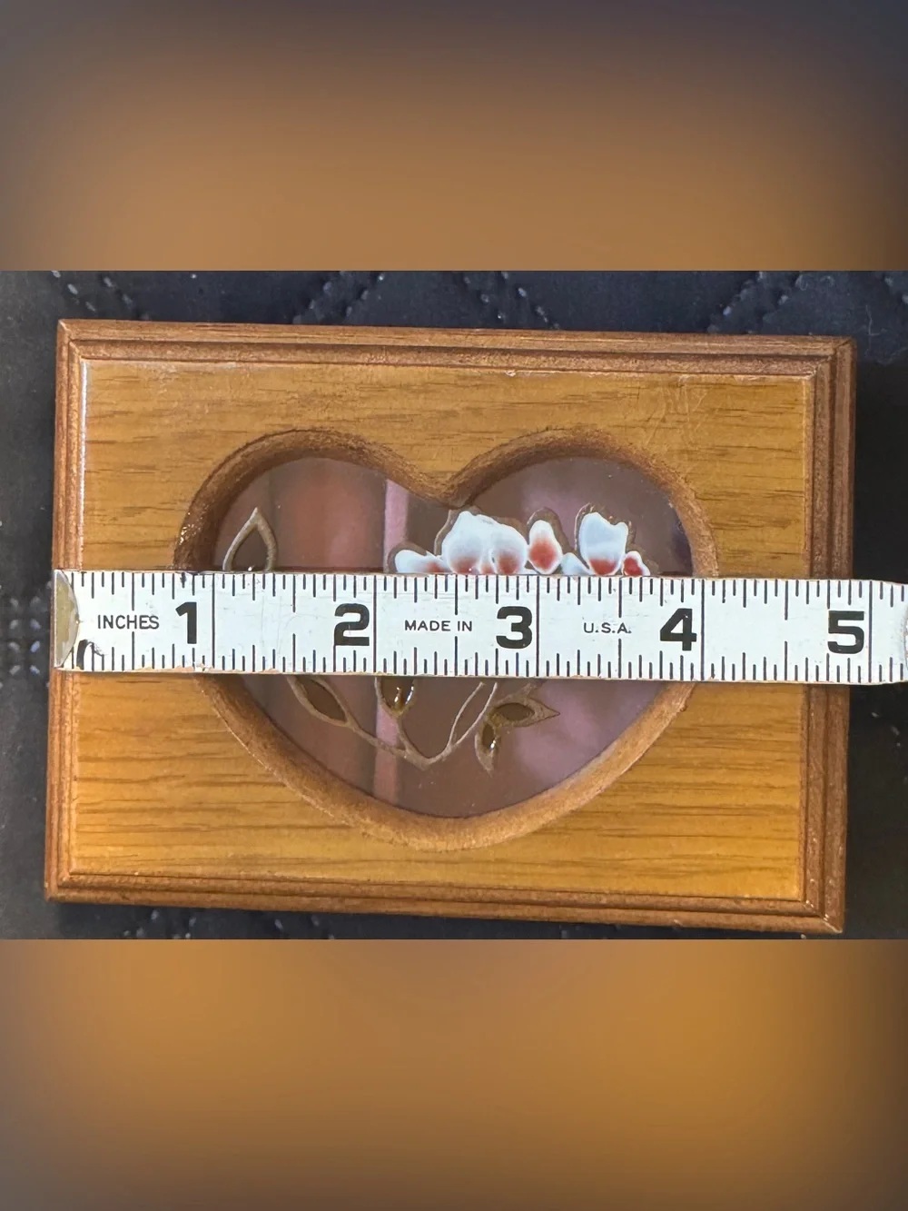 Vtg 90’s Wooden Jewelry Box with Pink Velvet Interior & Heart Glass Embossed Lid
